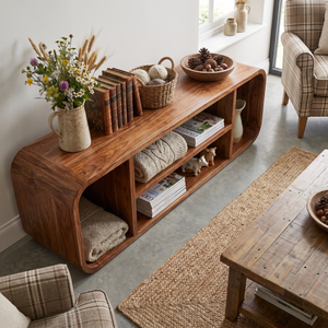 Solid Wood TV Cabinet with Rounded Open Shelf Design for Living Room