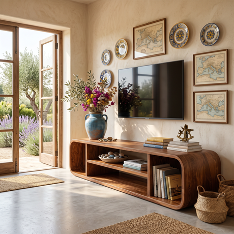 Solid Wood TV Cabinet with Rounded Open Shelf Design for Living Room