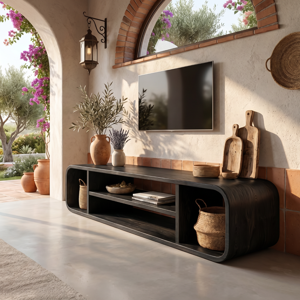 Solid Wood TV Cabinet with Rounded Open Shelf Design for Living Room