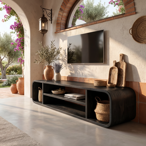 Solid Wood TV Cabinet with Rounded Open Shelf Design for Living Room