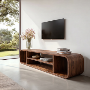Solid Wood TV Cabinet with Rounded Open Shelf Design for Living Room