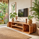 Solid Wood TV Cabinet with Rounded Open Shelf Design for Living Room