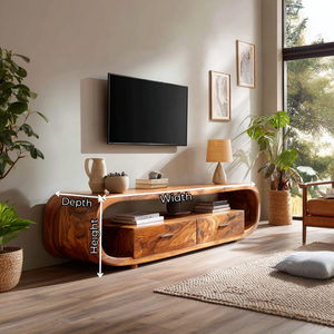 Solid Wood TV Cabinet with Rounded Frame, Drawers, and Open Shelf for Living Room