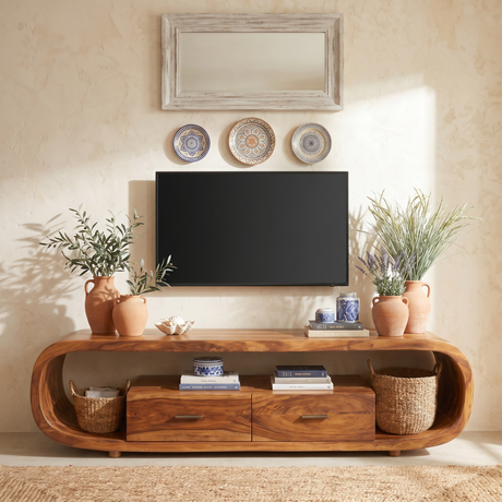 Solid Wood TV Cabinet with Rounded Frame, Drawers, and Open Shelf for Living Room