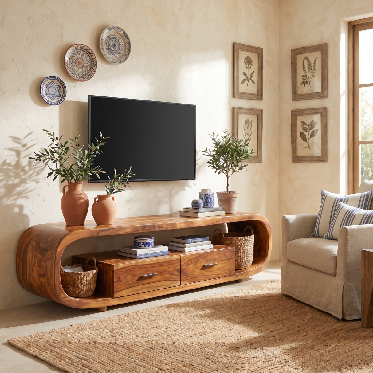 Solid Wood TV Cabinet with Rounded Frame, Drawers, and Open Shelf for Living Room