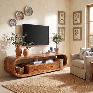 Solid Wood TV Cabinet with Rounded Frame, Drawers, and Open Shelf for Living Room