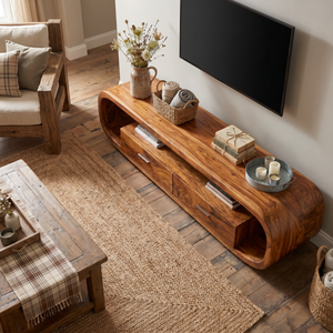 Solid Wood TV Cabinet with Rounded Frame, Drawers, and Open Shelf for Living Room
