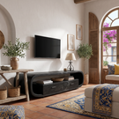 Solid Wood TV Cabinet with Rounded Frame, Drawers, and Open Shelf for Living Room