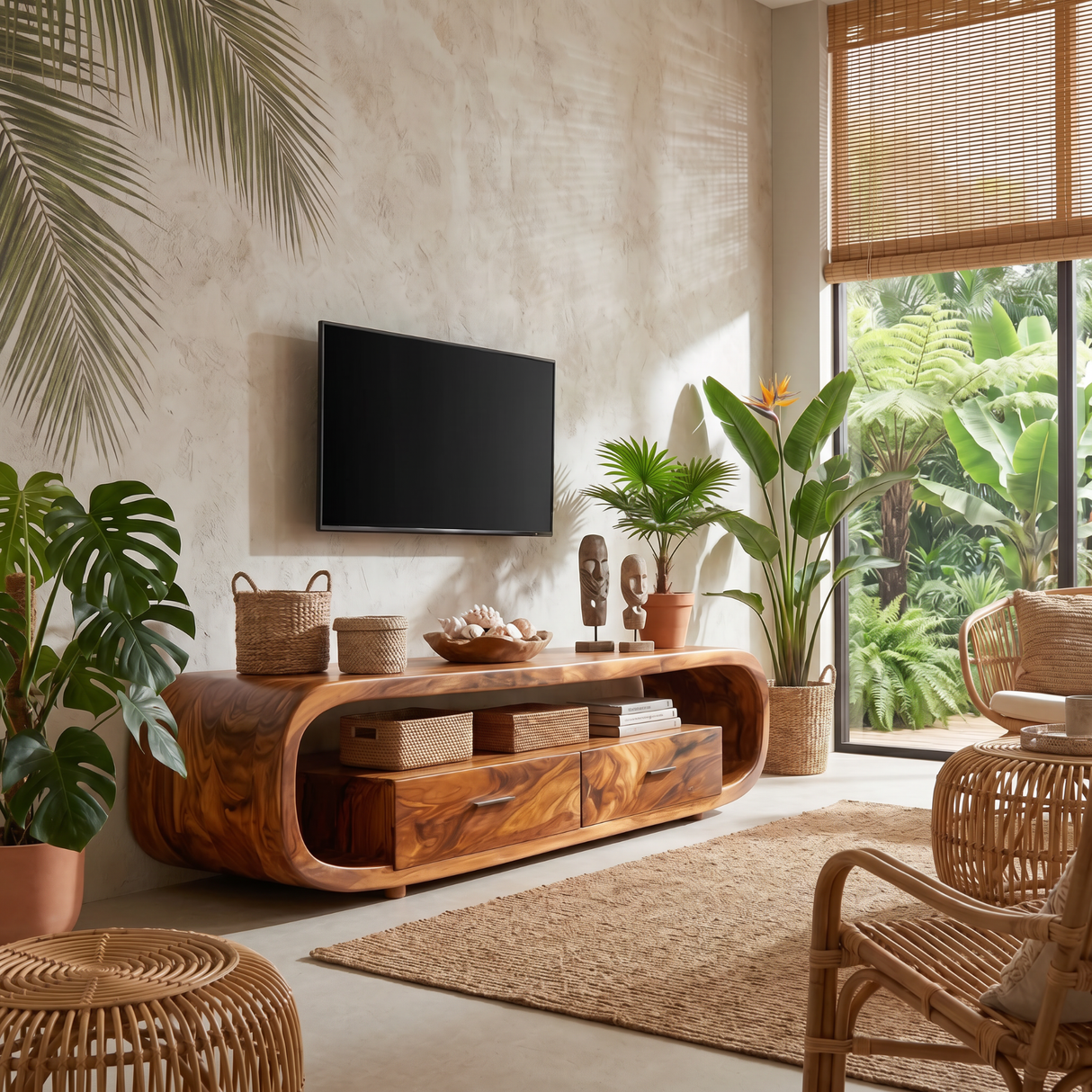 Solid Wood TV Cabinet with Rounded Frame, Drawers, and Open Shelf for Living Room