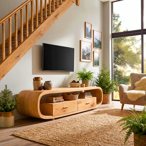 Solid Wood TV Cabinet with Rounded Frame, Drawers, and Open Shelf for Living Room