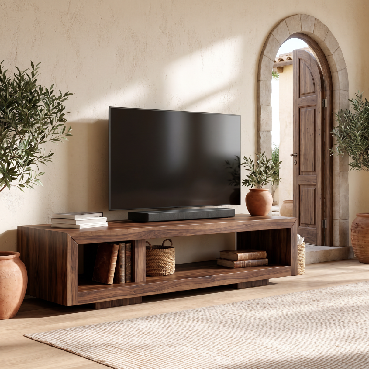 Minimalist Solid Wood TV Cabinet with Open Storage Shelf for Living Room