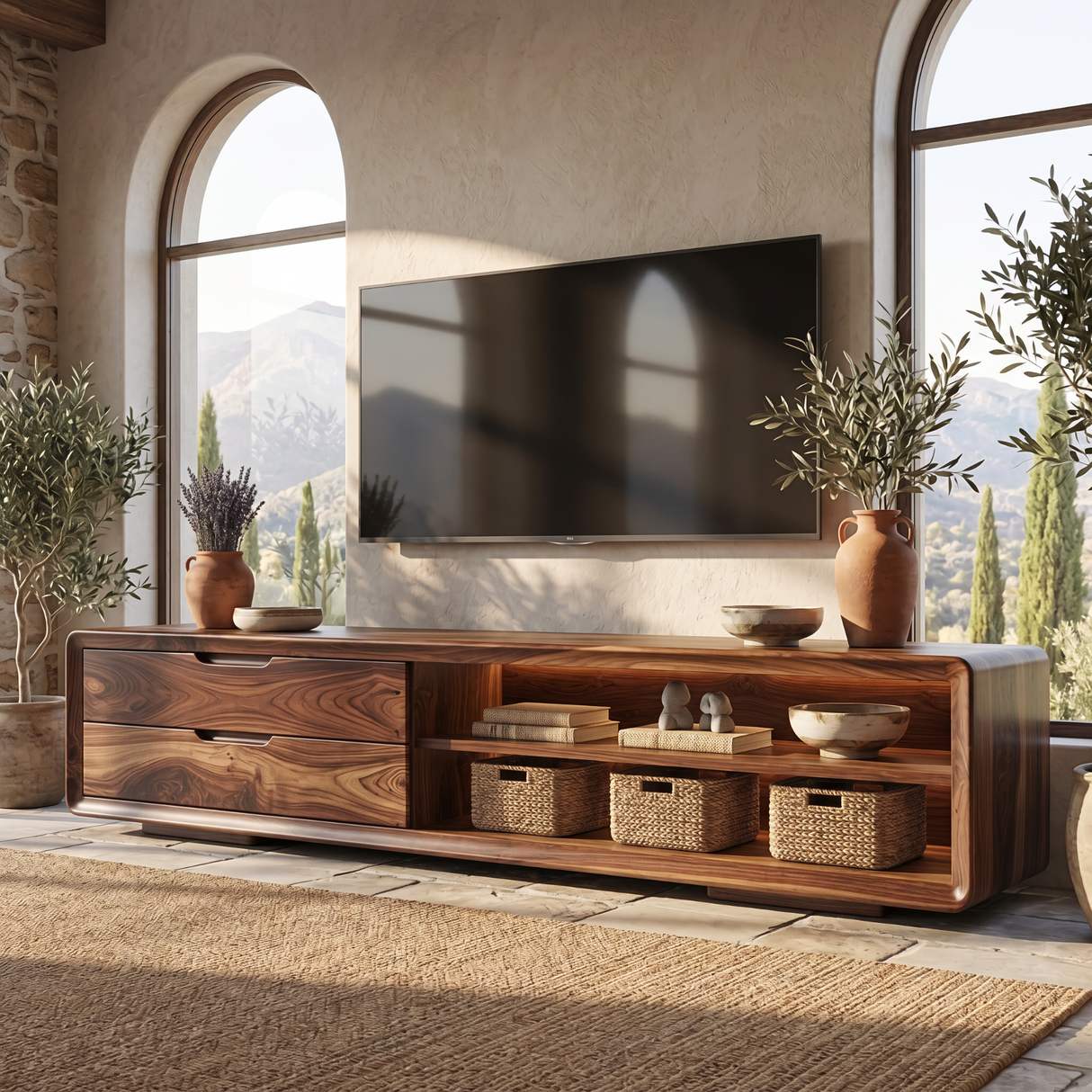 Solid Wood TV Cabinet with Rounded Frame and Display Shelves