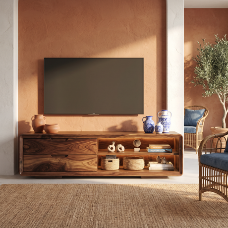 Solid Wood TV Cabinet with Rounded Frame and Display Shelves