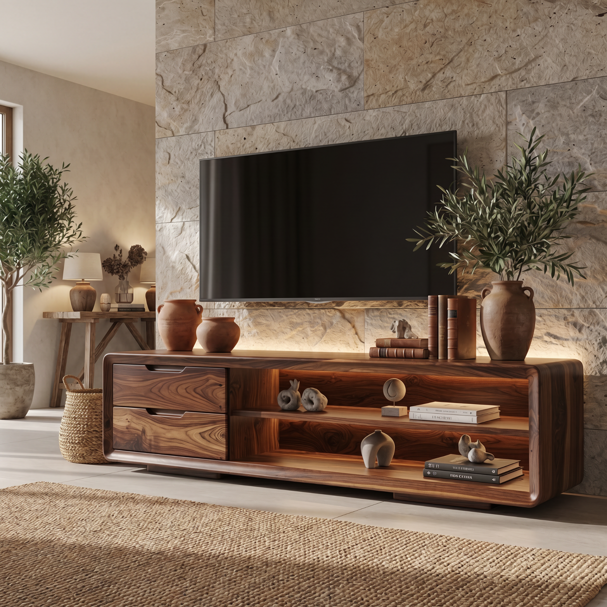 Solid Wood TV Cabinet with Rounded Frame and Display Shelves