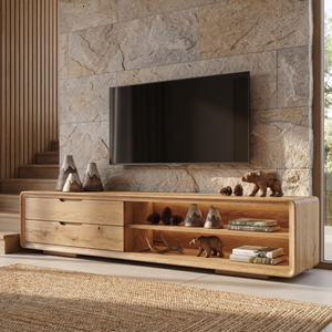Solid Wood TV Cabinet with Rounded Frame and Display Shelves