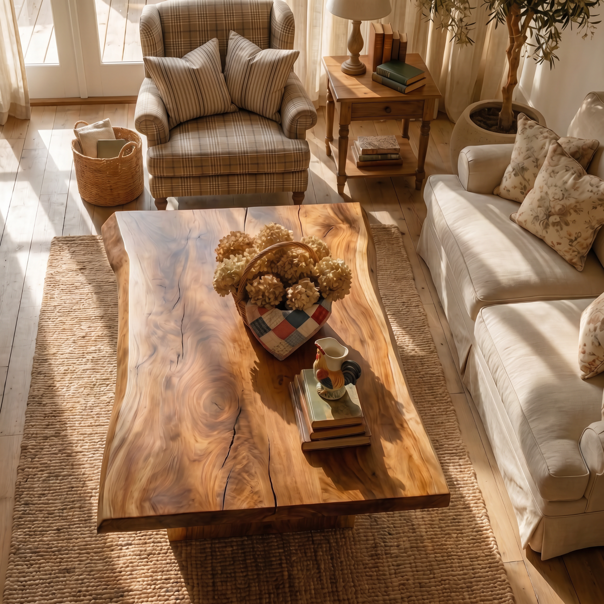 Solid Wood Coffee Table with Live Edge Top for Living Room