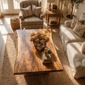 Solid Wood Coffee Table with Live Edge Top for Living Room