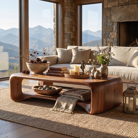 Solid Wood Coffee Table with Rounded Frame and Open Shelf