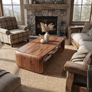 Solid Wood Coffee Table with Rounded Frame and Open Shelf