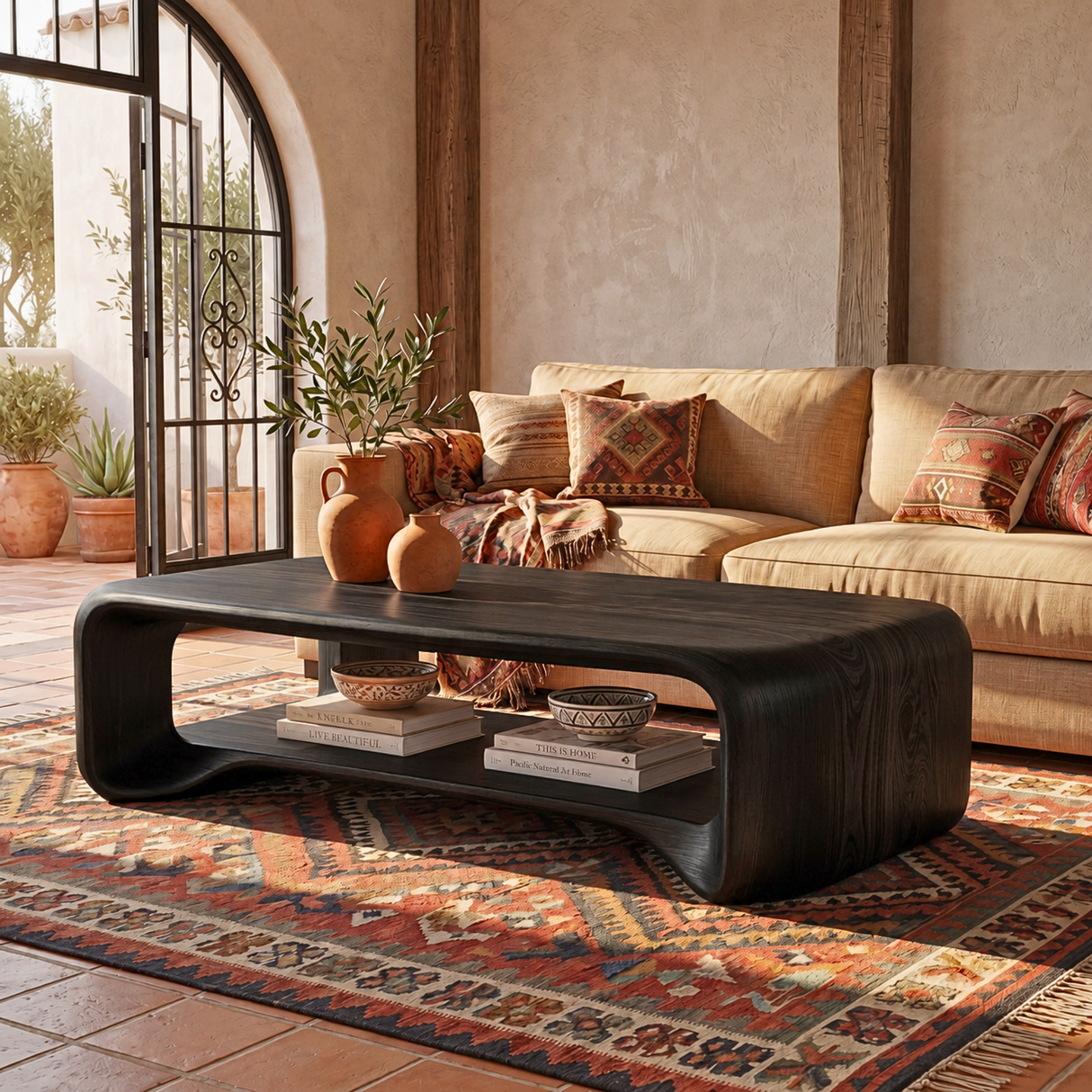Solid Wood Coffee Table with Rounded Frame and Open Shelf