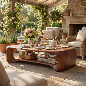 Solid Wood Coffee Table with Rounded Frame and Open Shelf
