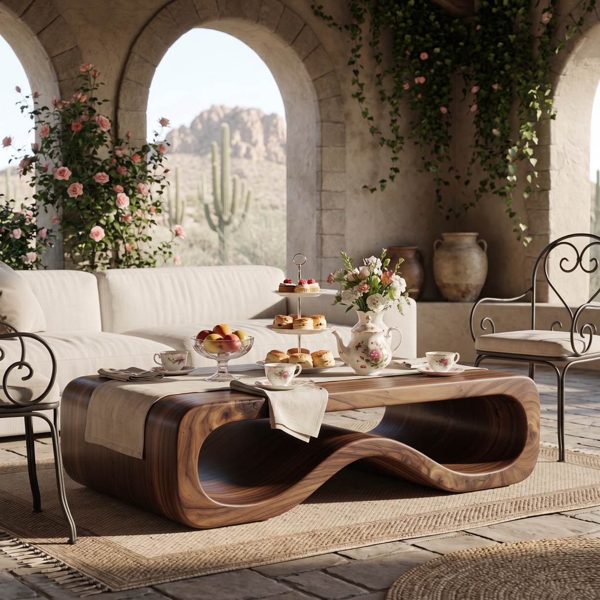 Organic Solid Wood Coffee Table with Sculptural Wave Base