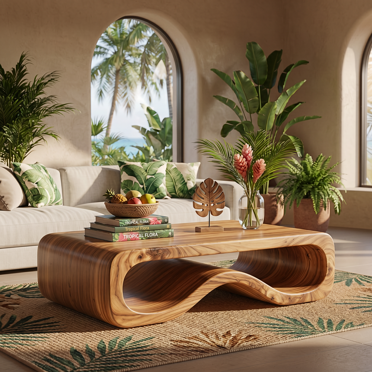 Organic Solid Wood Coffee Table with Sculptural Wave Base