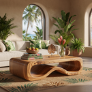 Organic Solid Wood Coffee Table with Sculptural Wave Base