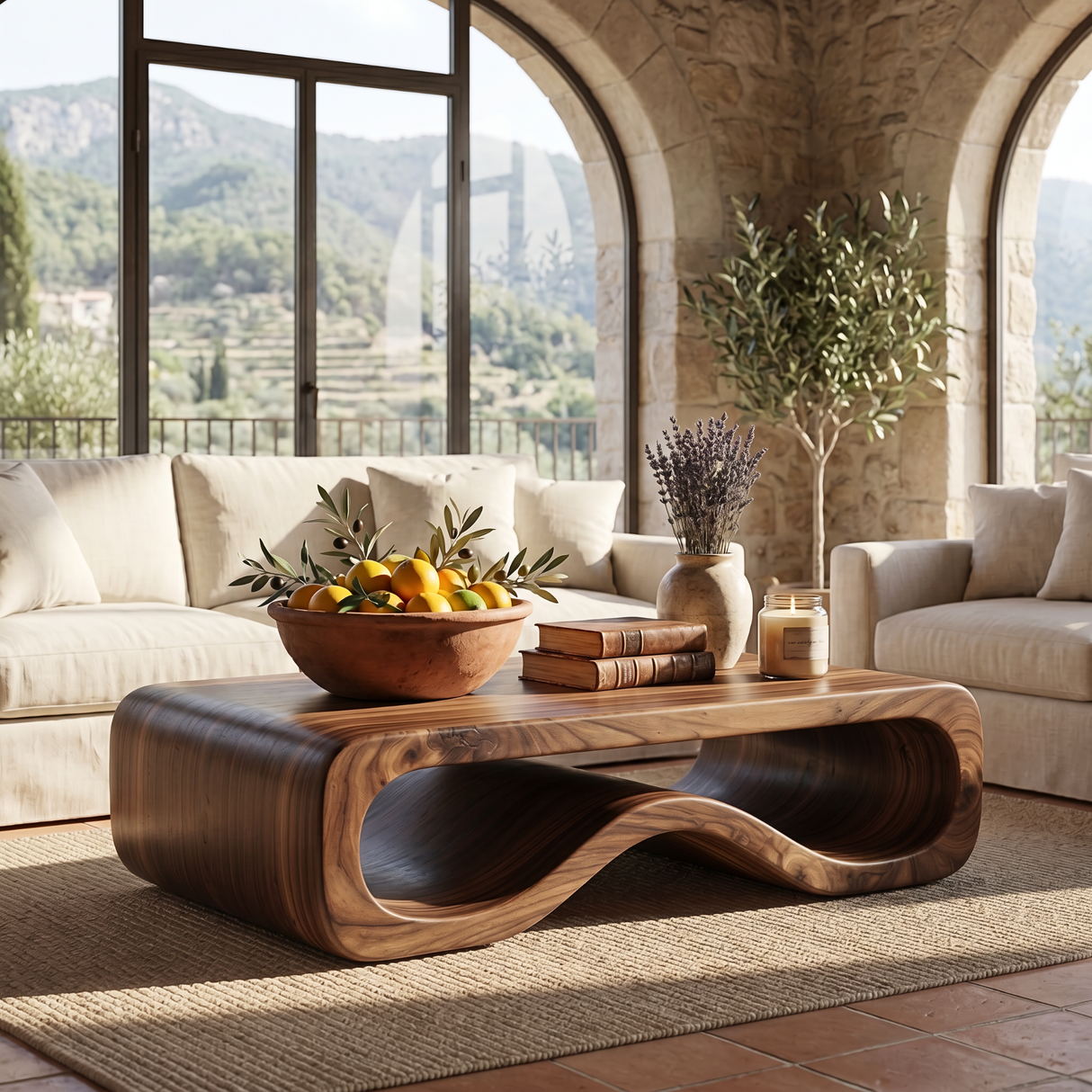 Organic Solid Wood Coffee Table with Sculptural Wave Base