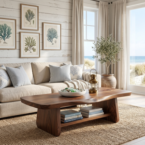 Solid Wood Coffee Table with Tapered Legs and Open Shelf