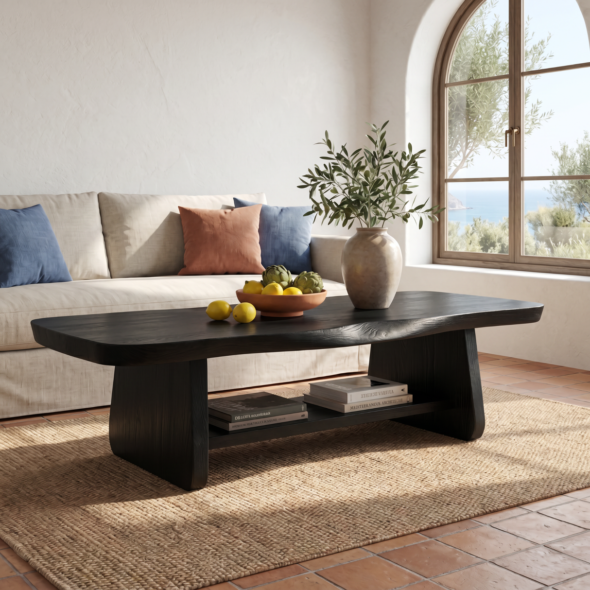 Solid Wood Coffee Table with Tapered Legs and Open Shelf