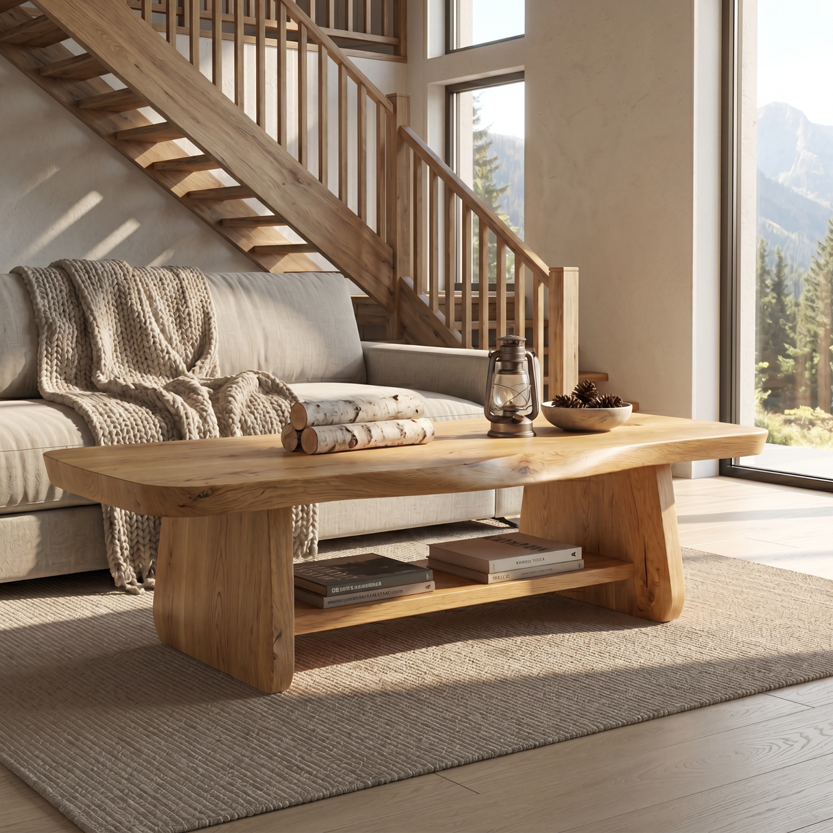 Solid Wood Coffee Table with Tapered Legs and Open Shelf