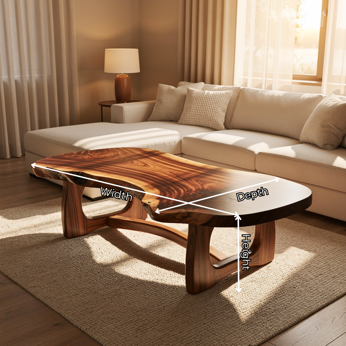 Organic Solid Wood Coffee Table with Asymmetrical Live Edge Top