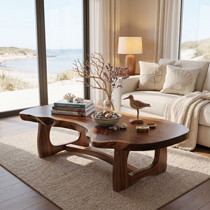 Organic Solid Wood Coffee Table with Asymmetrical Live Edge Top