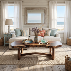 Organic Solid Wood Coffee Table with Asymmetrical Live Edge Top