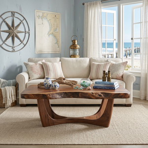 Solid Wood Coffee Table with Natural Edge Detail and Sculptural Base