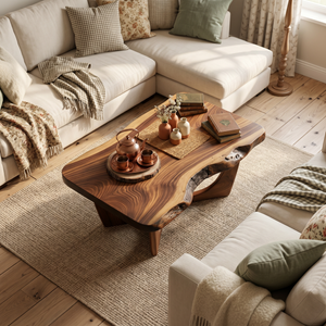 Solid Wood Coffee Table with Natural Edge Detail and Sculptural Base