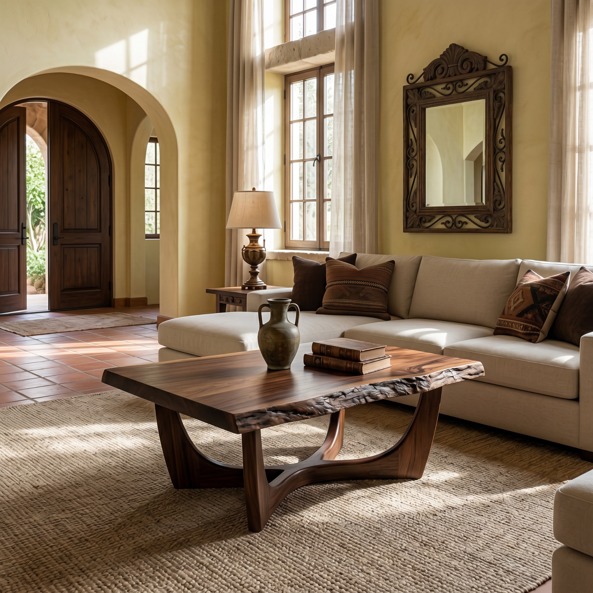 Solid Wood Coffee Table with Natural Edge Detail and Sculptural Base