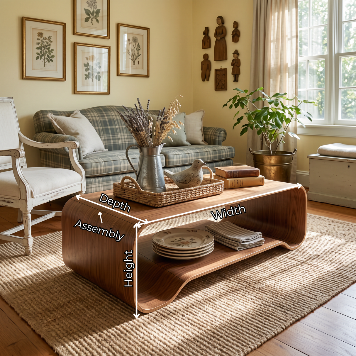 Solid Wood Coffee Table with Curved Open Shelf Design