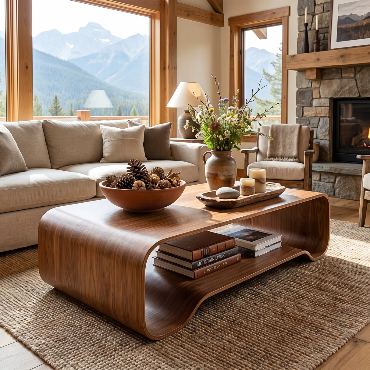 Solid Wood Coffee Table with Curved Open Shelf Design