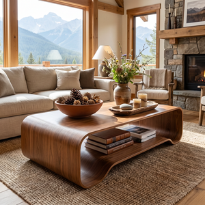 Solid Wood Coffee Table with Curved Open Shelf Design