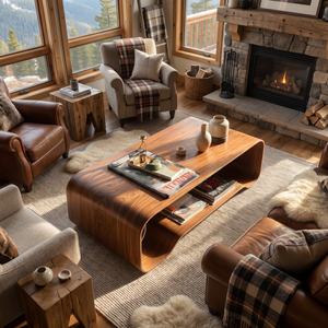 Solid Wood Coffee Table with Curved Open Shelf Design