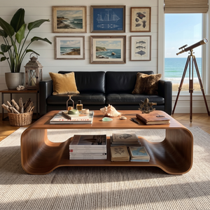 Solid Wood Coffee Table with Curved Open Shelf Design