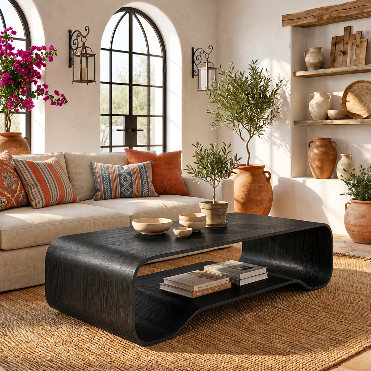 Solid Wood Coffee Table with Curved Open Shelf Design