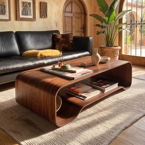 Solid Wood Coffee Table with Curved Open Shelf Design