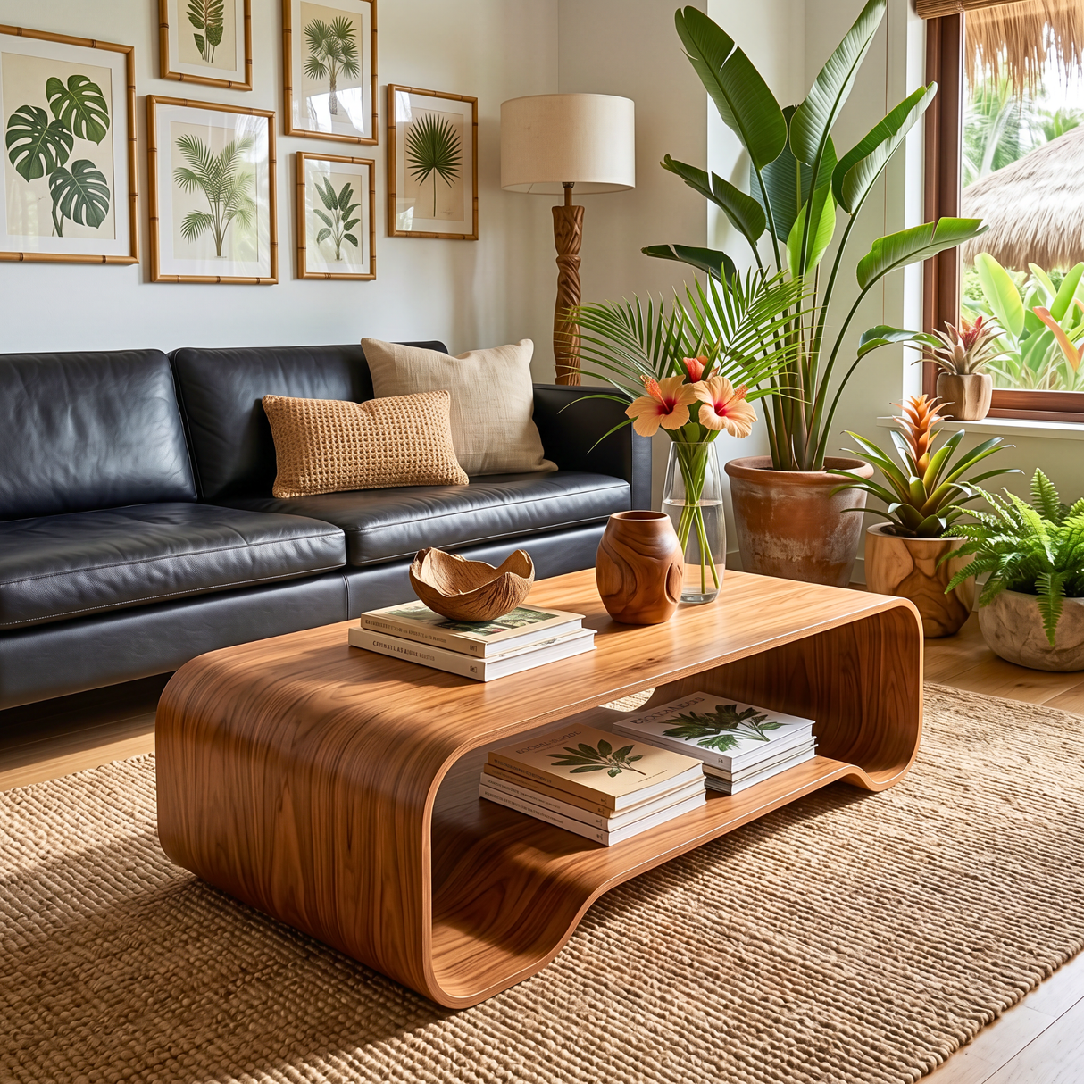Solid Wood Coffee Table with Curved Open Shelf Design