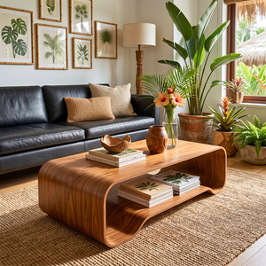 Solid Wood Coffee Table with Curved Open Shelf Design