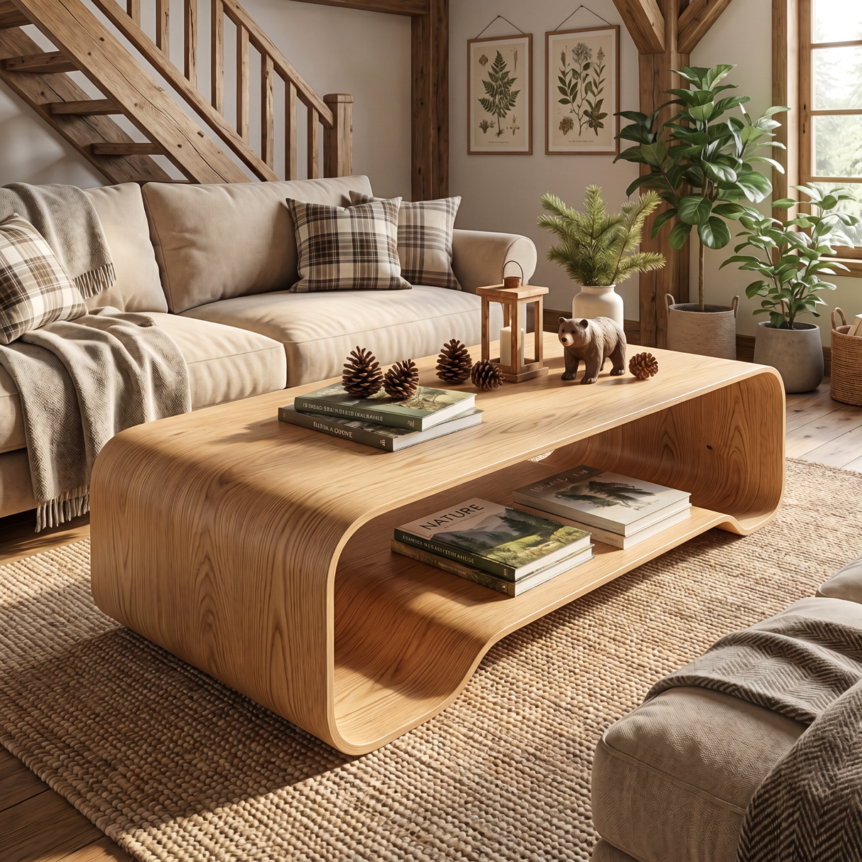 Solid Wood Coffee Table with Curved Open Shelf Design
