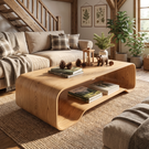 Solid Wood Coffee Table with Curved Open Shelf Design