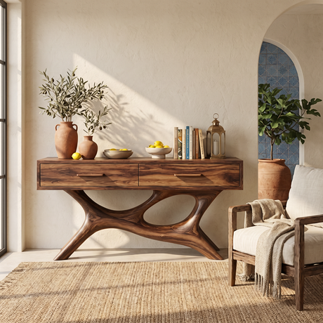 Solid Wood Console Table with Sculptural Open Base and Drawers